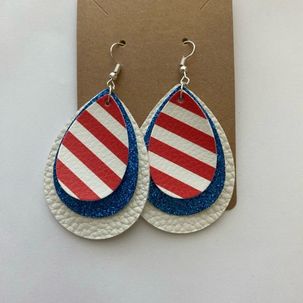 Hand Crafted Patriotic Faux Learger Red, White, Blue Layered Teardrop Ea…